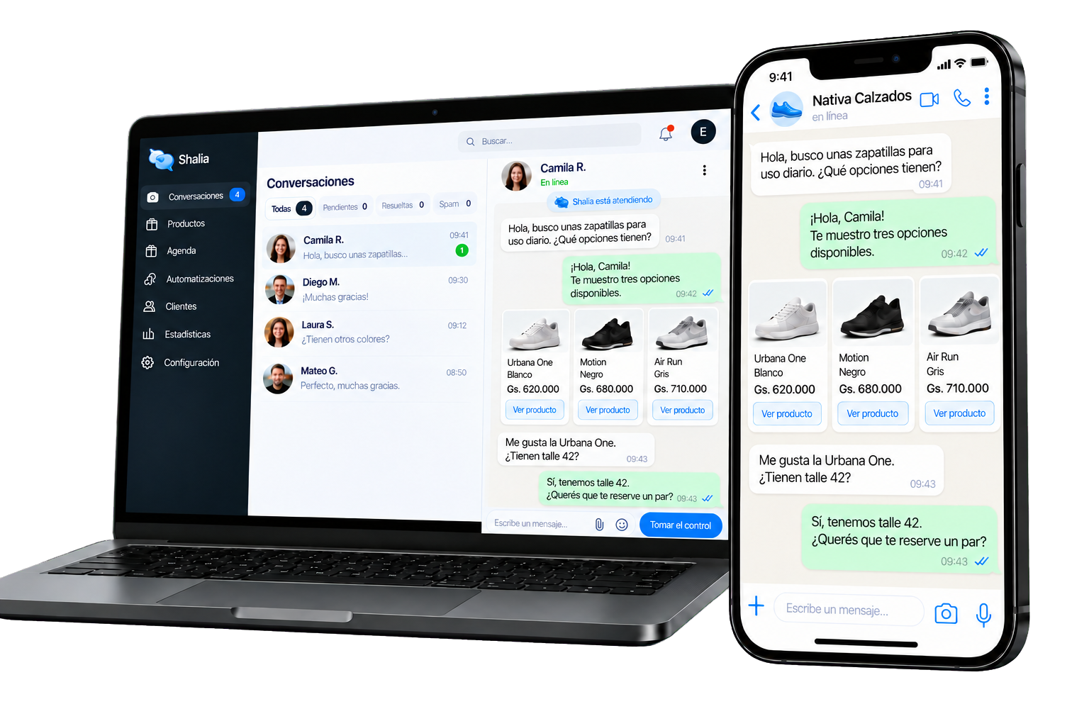 Laptop con el panel de Sahyez y teléfono mostrando una conversación de Nativa Calzados