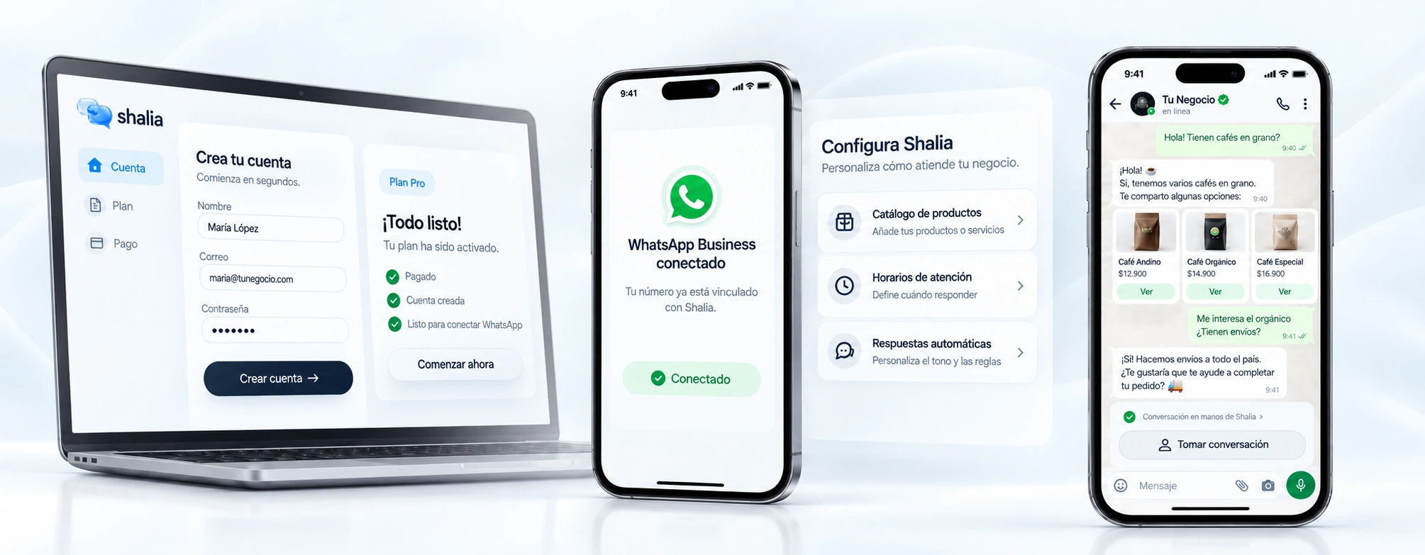 Laptop para crear una cuenta, teléfono conectado, configuración de Sahyez y conversación atendida
